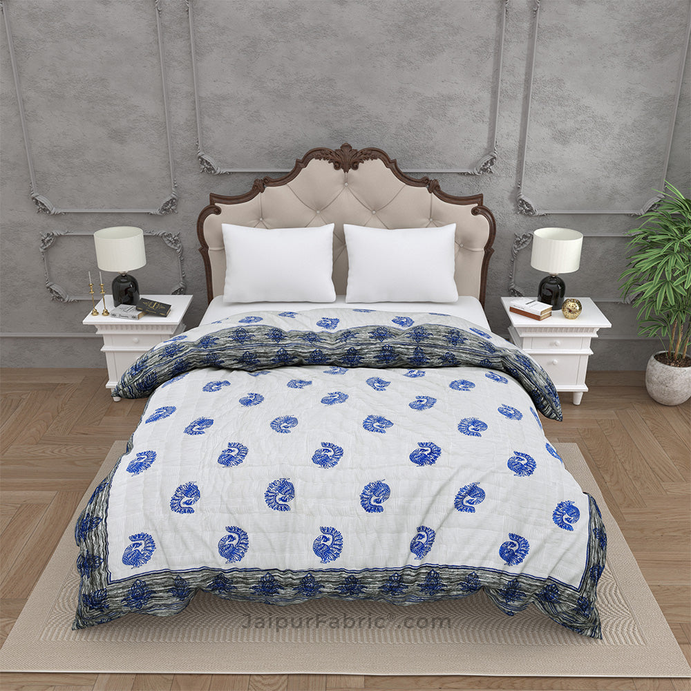 Grey Border Blue Peacock Microfiber Fill Cotton Cover Double Bed Quilt