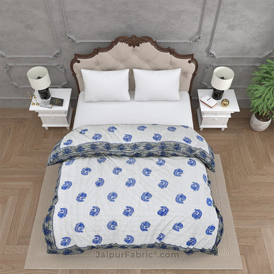 Grey Border Blue Peacock Microfiber Fill Cotton Cover Double Bed Quilt