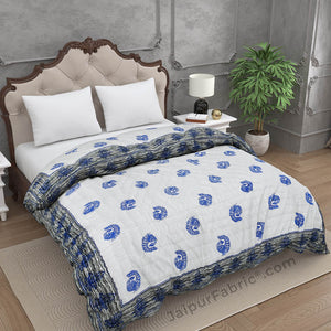 Grey Border Blue Peacock Microfiber Fill Cotton Cover Double Bed Quilt