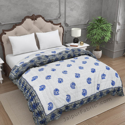 Grey Border Blue Peacock Microfiber Fill Cotton Cover Double Bed Quilt