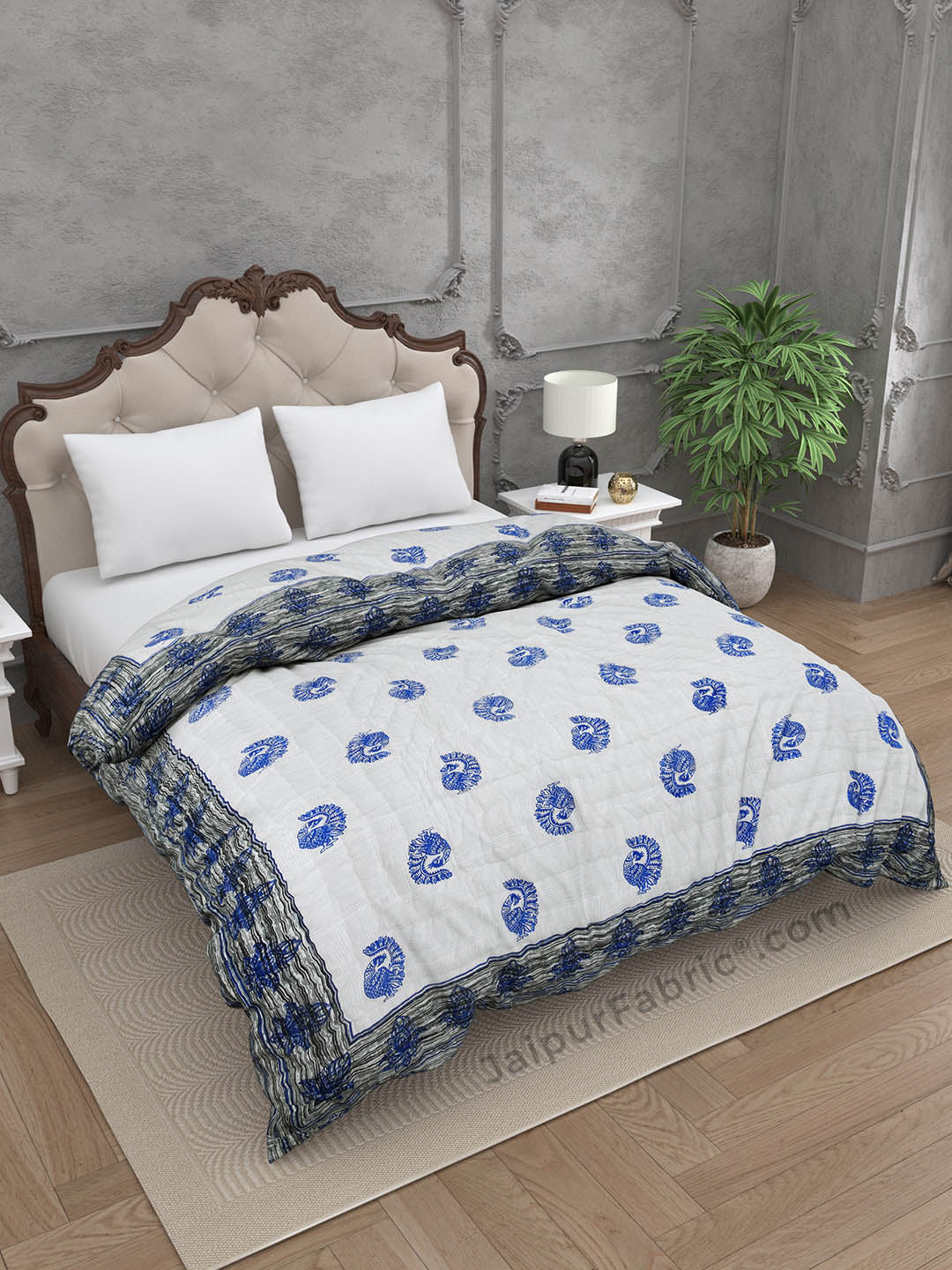 Grey Border Blue Peacock Microfiber Fill Cotton Cover Double Bed Quilt