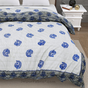 Grey Border Blue Peacock Microfiber Fill Cotton Cover Double Bed Quilt