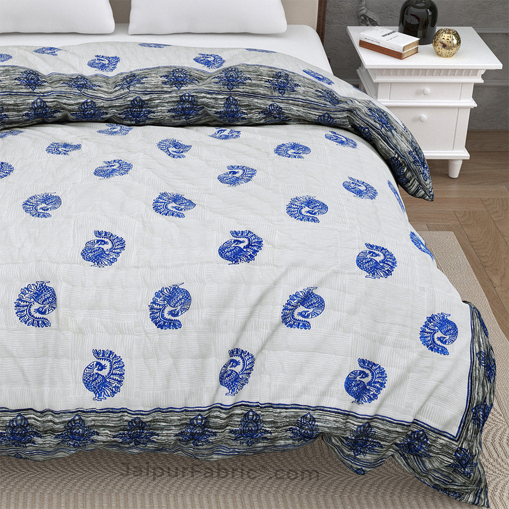 Grey Border Blue Peacock Microfiber Fill Cotton Cover Double Bed Quilt