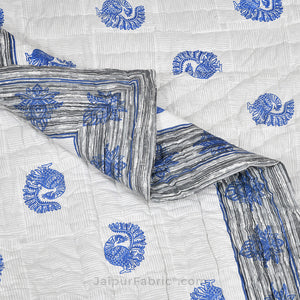Grey Border Blue Peacock Microfiber Fill Cotton Cover Double Bed Quilt