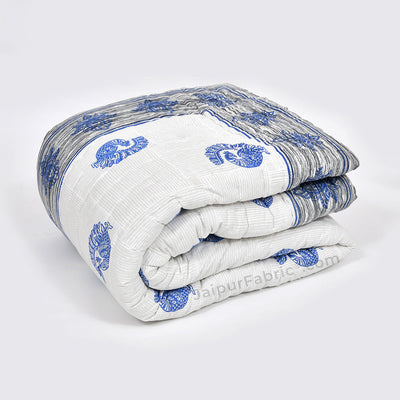 Grey Border Blue Peacock Microfiber Fill Cotton Cover Double Bed Quilt
