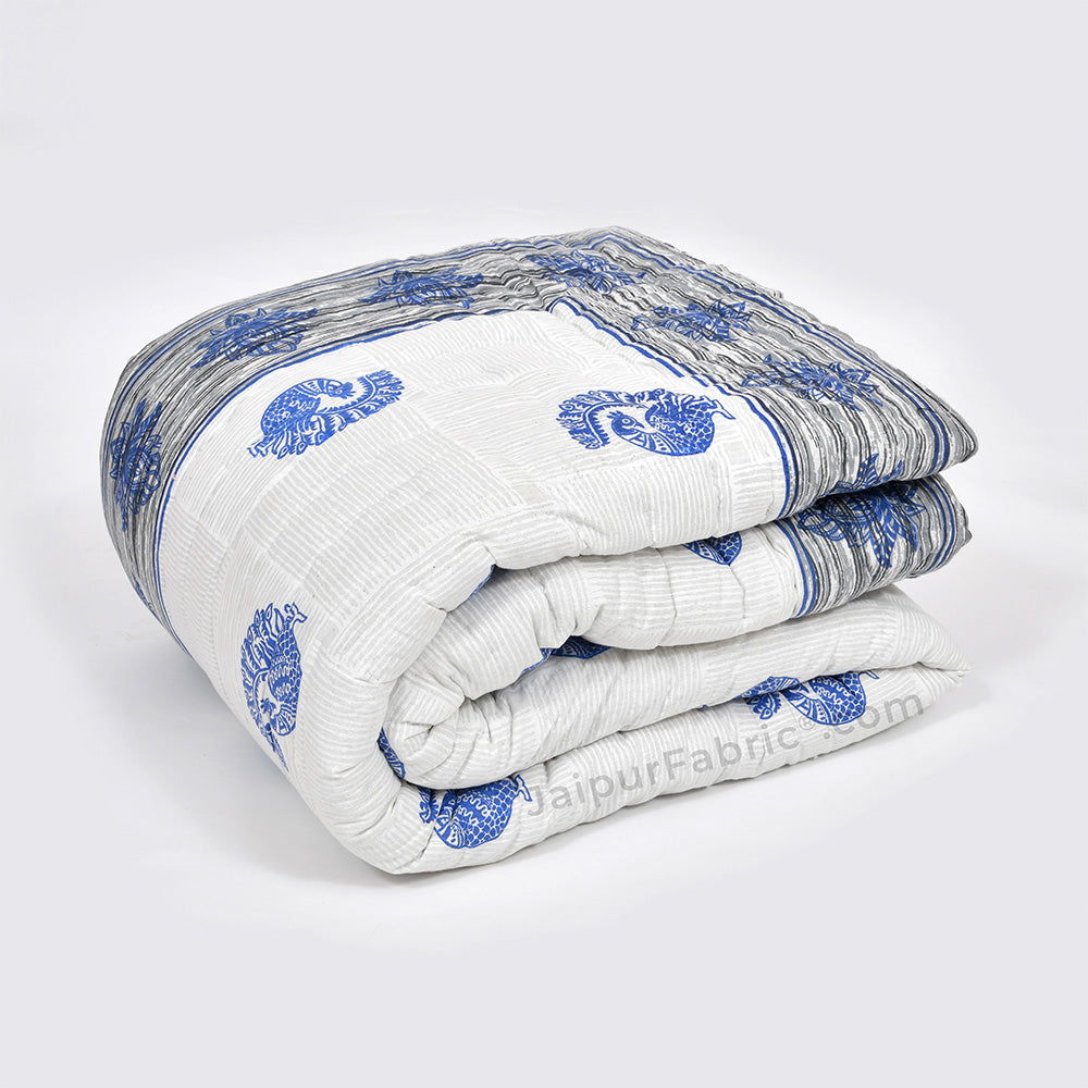 Grey Border Blue Peacock Microfiber Fill Cotton Cover Double Bed Quilt