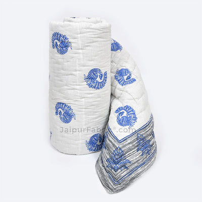 Grey Border Blue Peacock Microfiber Fill Cotton Cover Double Bed Quilt