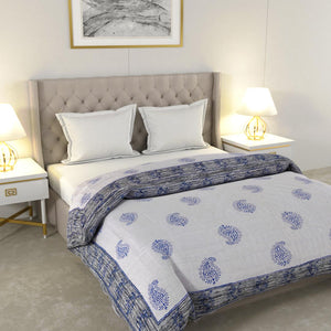 Blue Paisley Self Design Microfiber Fill Cotton Cover Double Bed Quilt