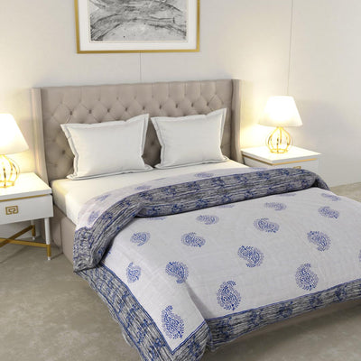 Blue Paisley Self Design Microfiber Fill Cotton Cover Double Bed Quilt