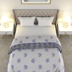 Blue Paisley Self Design Microfiber Fill Cotton Cover Double Bed Quilt