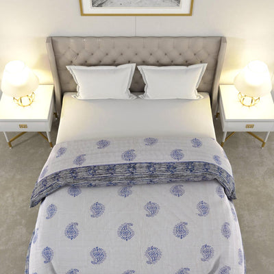 Blue Paisley Self Design Microfiber Fill Cotton Cover Double Bed Quilt