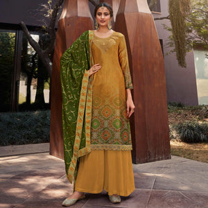 Drak Yellow & Green Party Wear Floral Embroidery With Digital Printed Jam Satin Suit