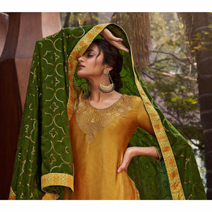 Drak Yellow & Green Party Wear Floral Embroidery With Digital Printed Jam Satin Suit