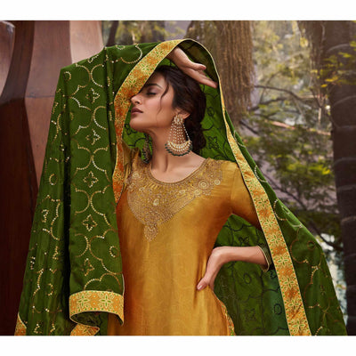 Drak Yellow & Green Party Wear Floral Embroidery With Digital Printed Jam Satin Suit