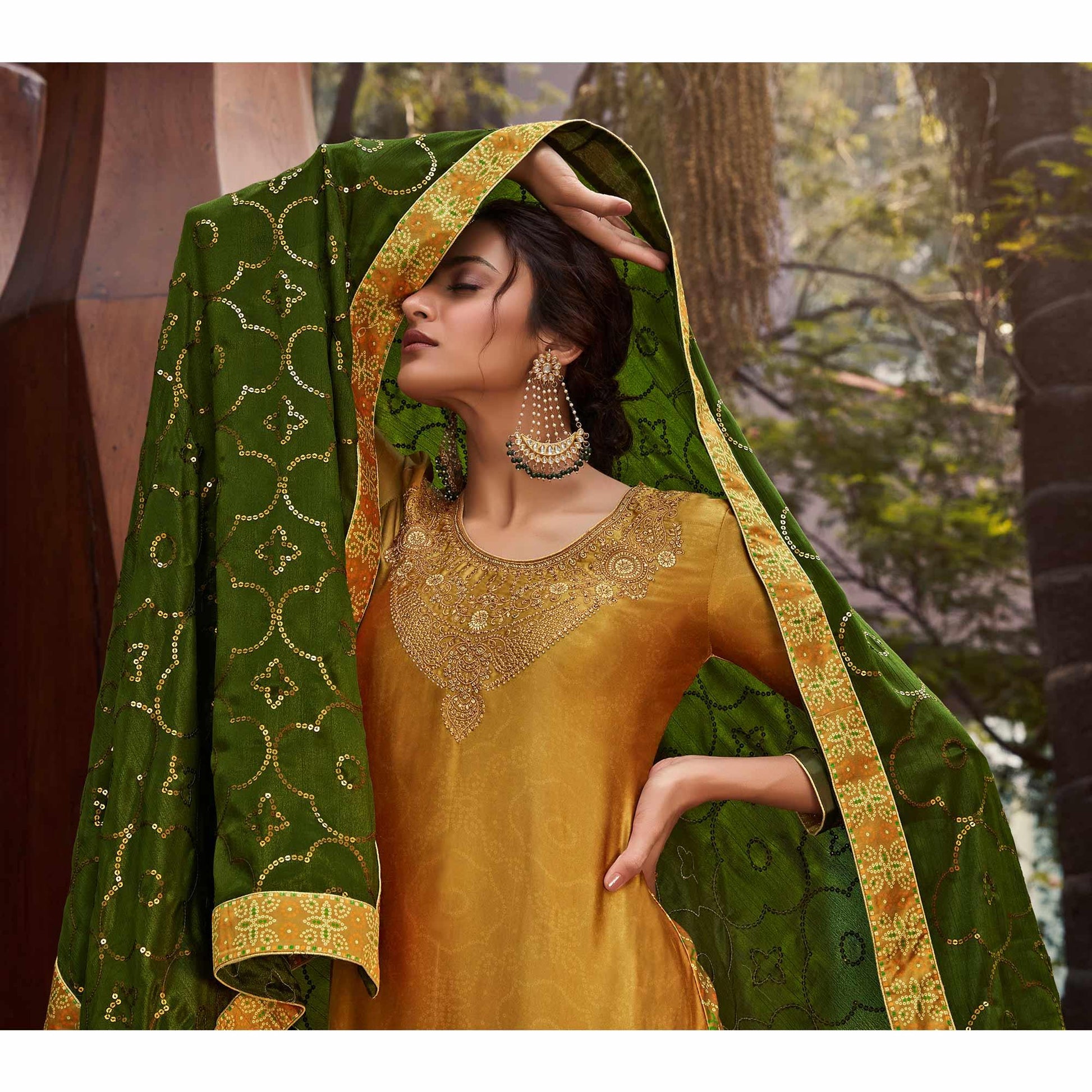 Drak Yellow & Green Party Wear Floral Embroidery With Digital Printed Jam Satin Suit