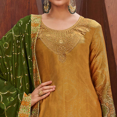 Drak Yellow & Green Party Wear Floral Embroidery With Digital Printed Jam Satin Suit