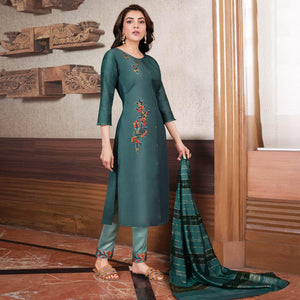 Dusty Blue Partywear Heavy Embroidered Bemberg Silk Suit