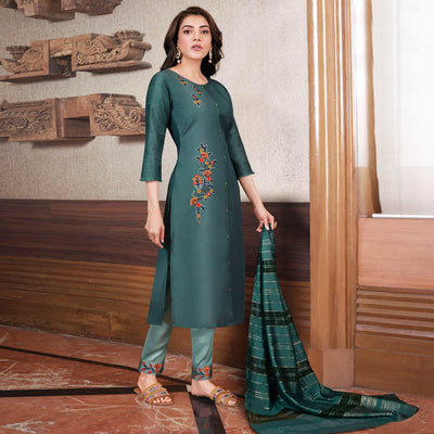 Dusty Blue Partywear Heavy Embroidered Bemberg Silk Suit