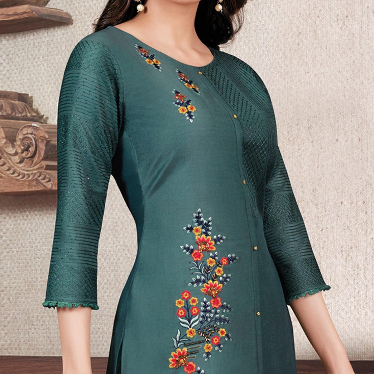 Dusty Blue Partywear Heavy Embroidered Bemberg Silk Suit