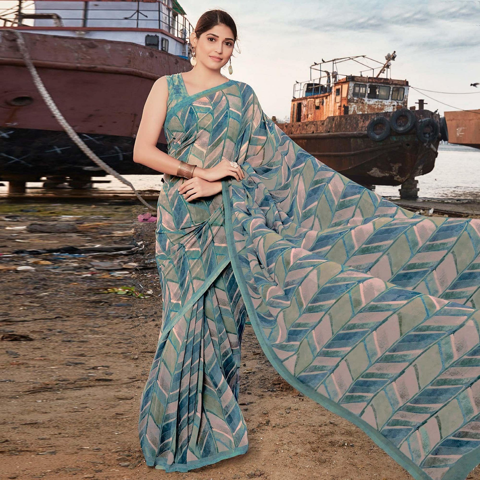Dusty-Blue Shades Festive Wear Floral Printed Georgette Saree