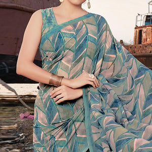 Dusty-Blue Shades Festive Wear Floral Printed Georgette Saree