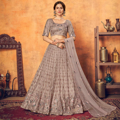 Dusty Brown Festive Wear Thread With Floral Sequins Embroidered Net Lehenga Choli