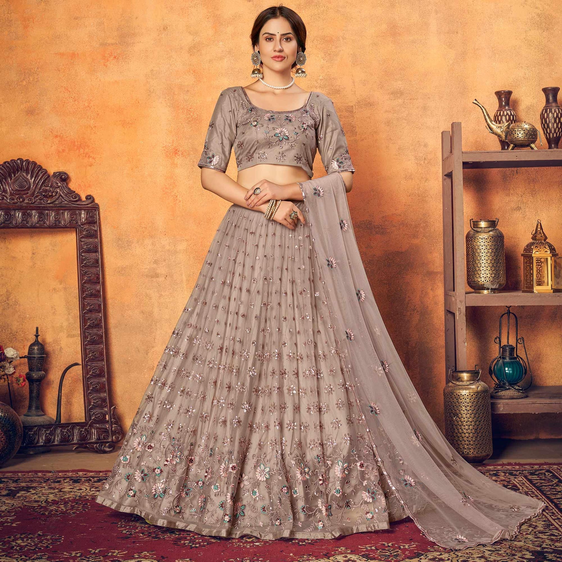 Dusty Brown Festive Wear Thread With Floral Sequins Embroidered Net Lehenga Choli
