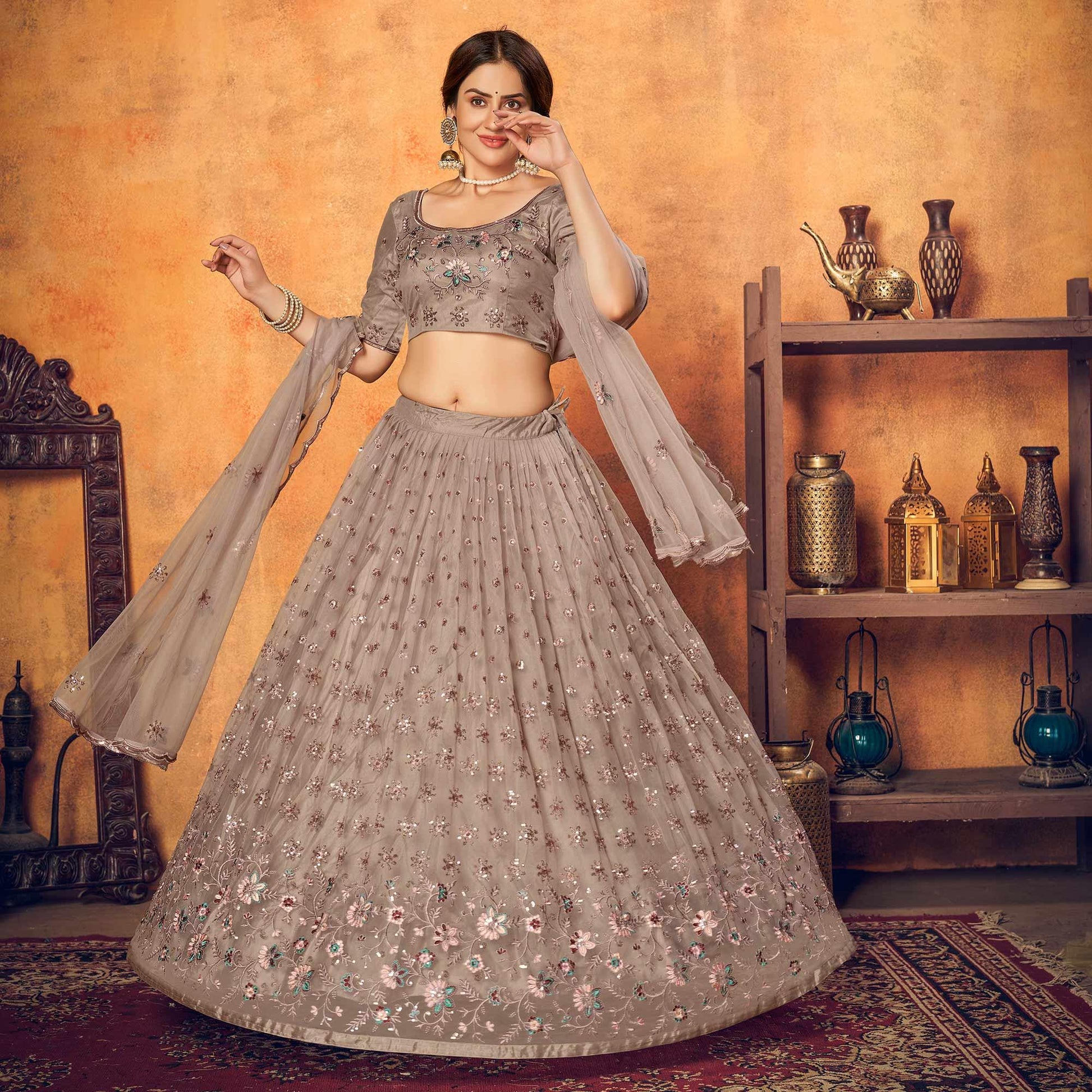 Dusty Brown Festive Wear Thread With Floral Sequins Embroidered Net Lehenga Choli