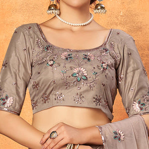 Dusty Brown Festive Wear Thread With Floral Sequins Embroidered Net Lehenga Choli