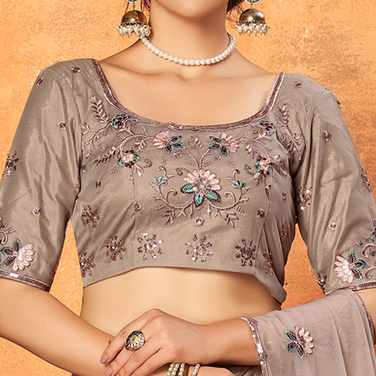 Dusty Brown Festive Wear Thread With Floral Sequins Embroidered Net Lehenga Choli