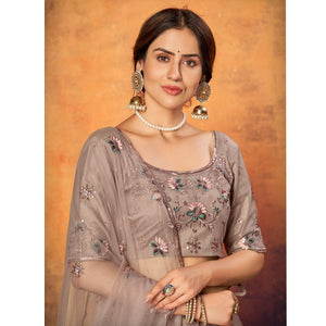 Dusty Brown Festive Wear Thread With Floral Sequins Embroidered Net Lehenga Choli