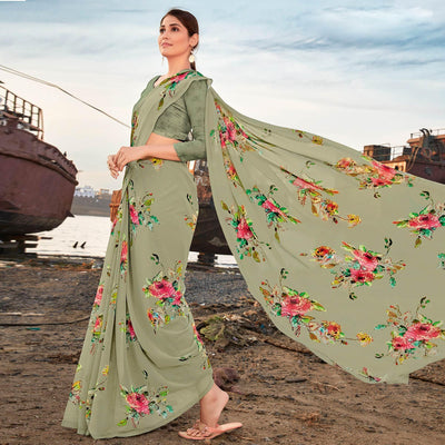 Dusty-Green Festive Wear Floral Printed Georgette Saree