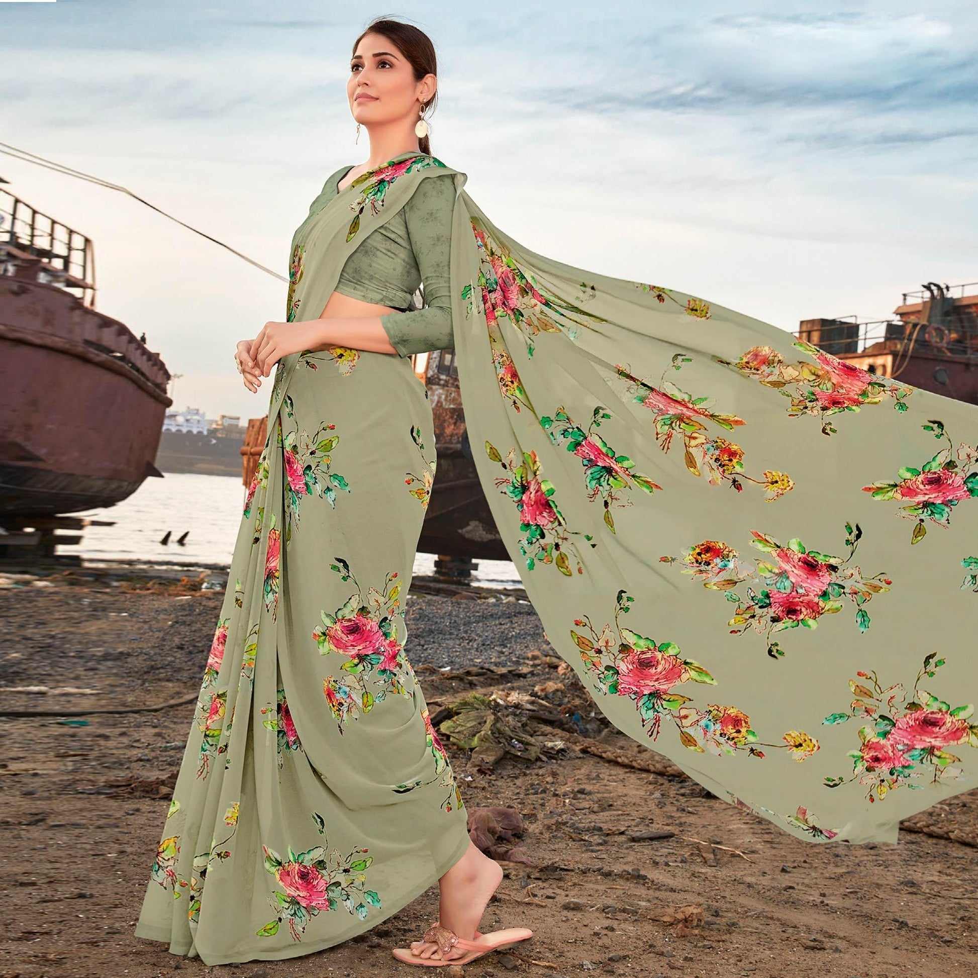 Dusty-Green Festive Wear Floral Printed Georgette Saree