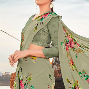 Dusty-Green Festive Wear Floral Printed Georgette Saree