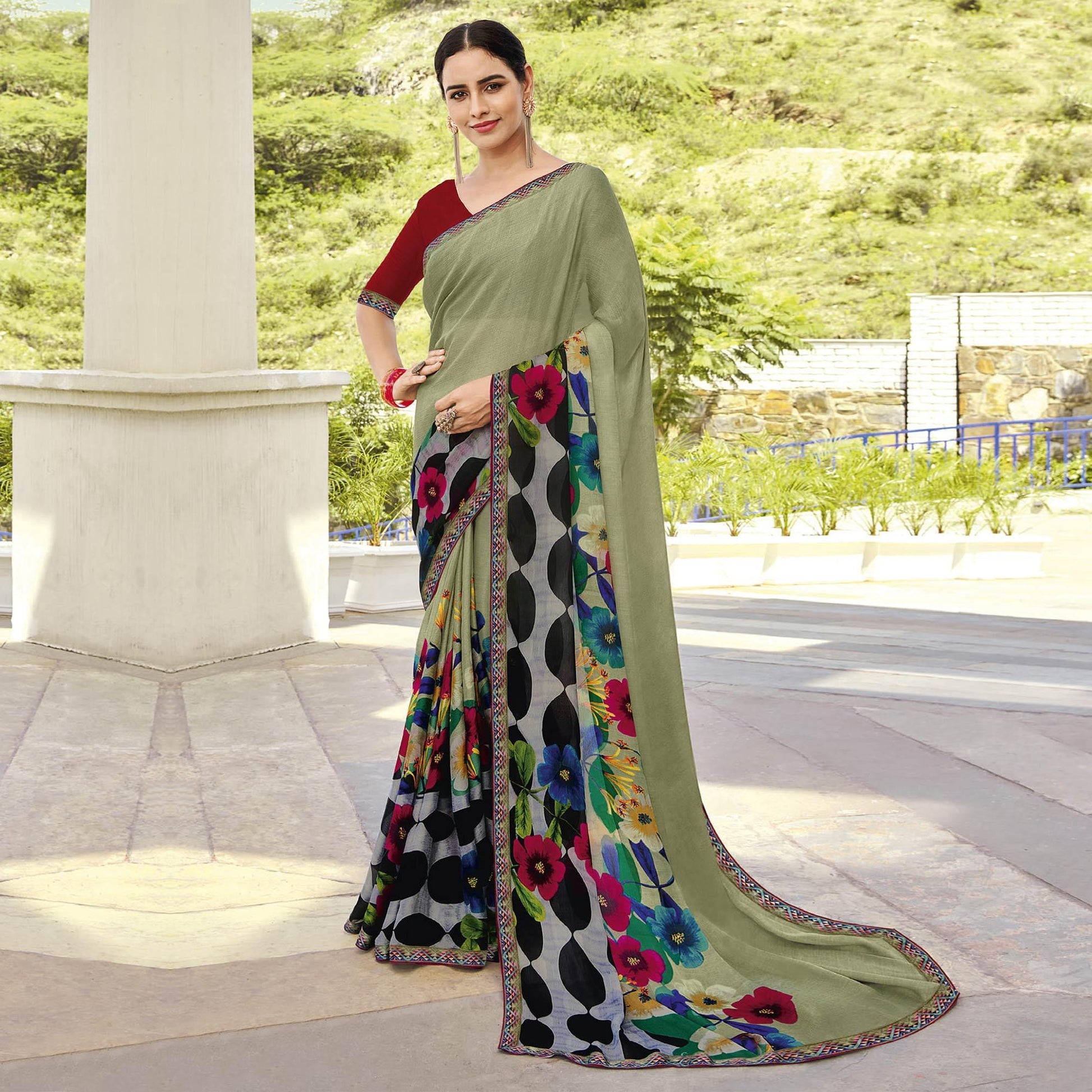Dusty Green - Multicolored Partywear Floral Printed Chiffon Saree