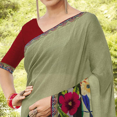 Dusty Green - Multicolored Partywear Floral Printed Chiffon Saree