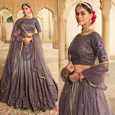 Dusty Grey Sequins Embroidered Art Silk Lehenga Choli
