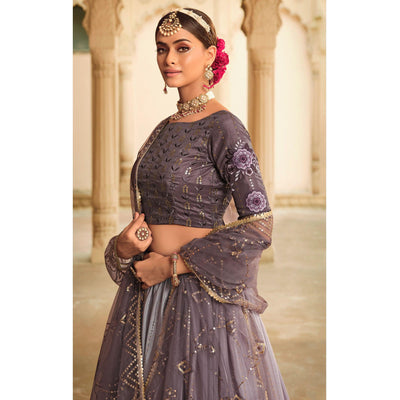 Dusty Grey Sequins Embroidered Art Silk Lehenga Choli