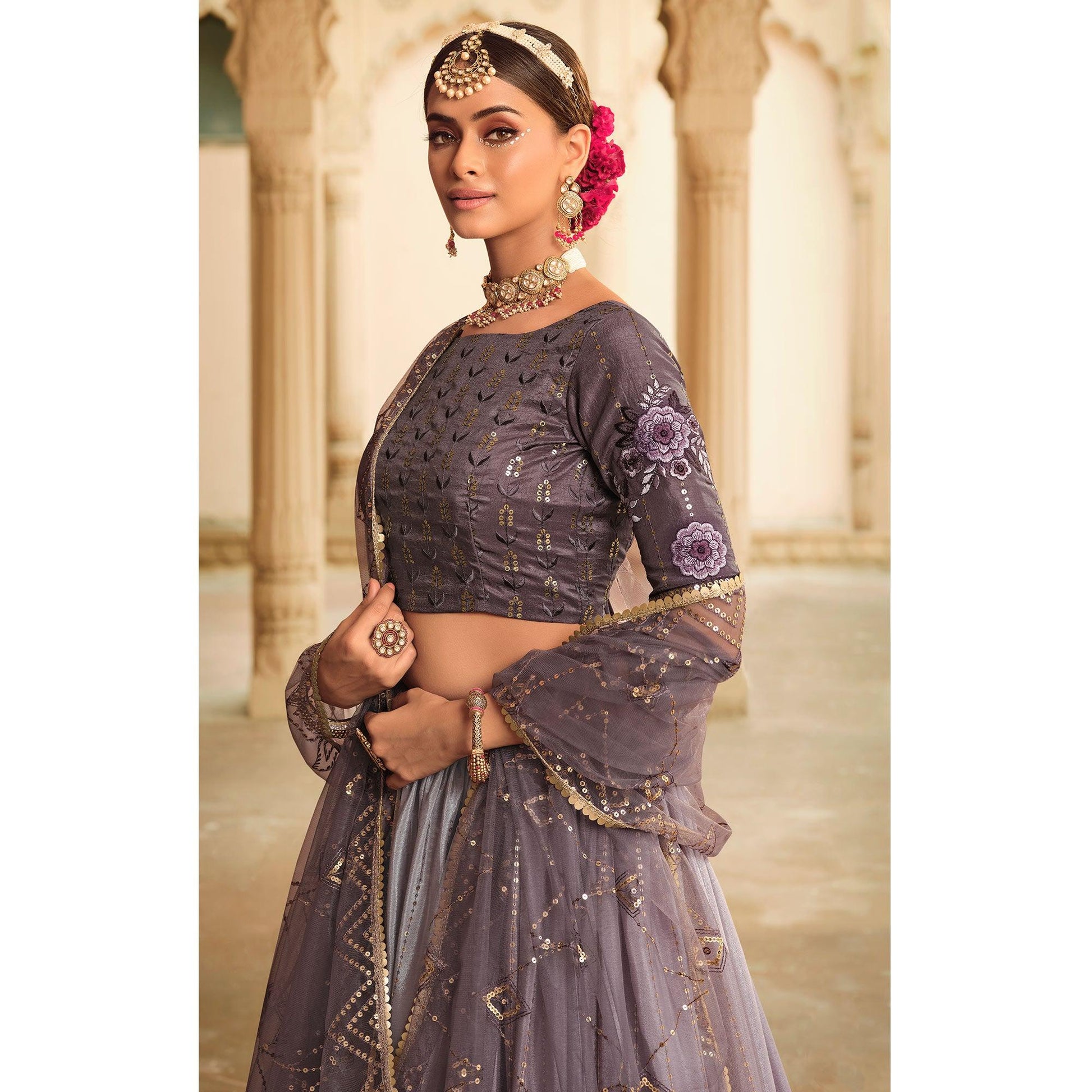 Dusty Grey Sequins Embroidered Art Silk Lehenga Choli