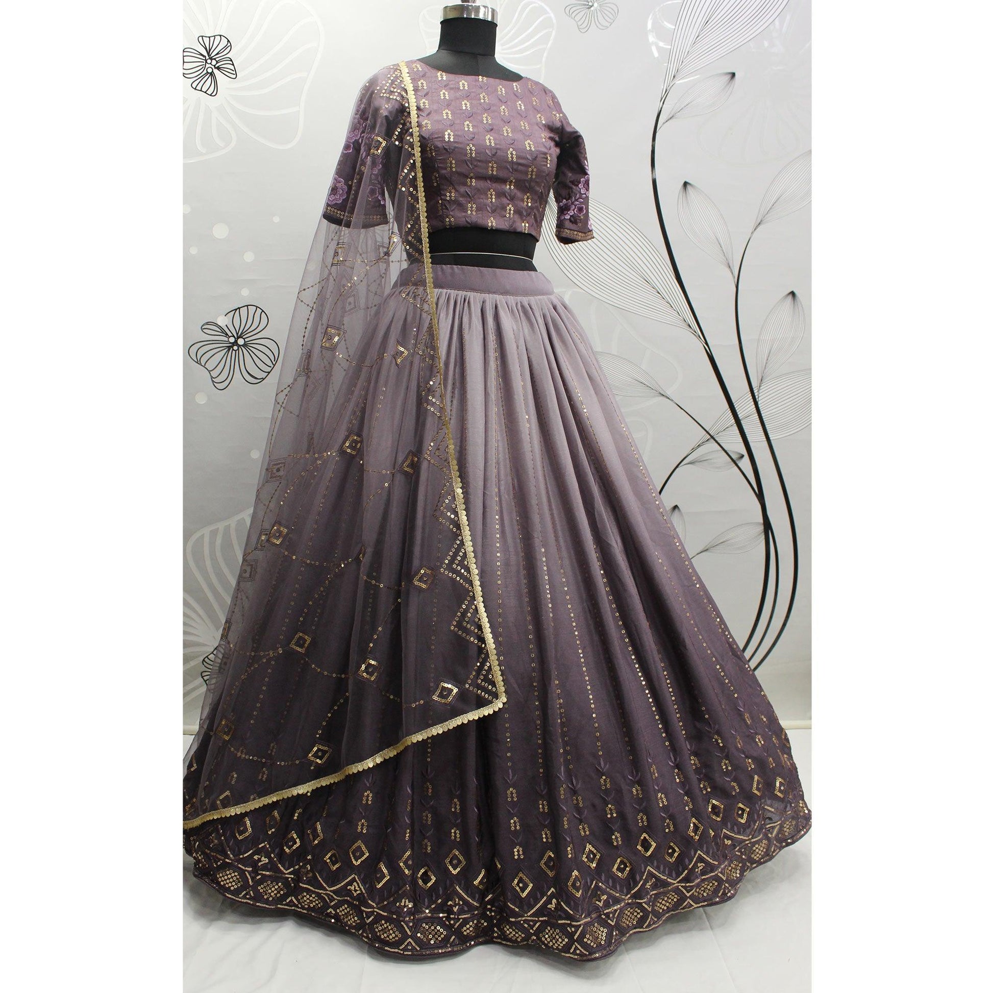 Dusty Grey Sequins Embroidered Art Silk Lehenga Choli