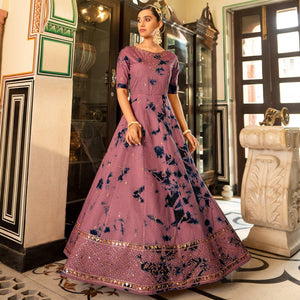 Dusty Pink Digital Printed With Sequins Embroidered Cotton Blend Gown