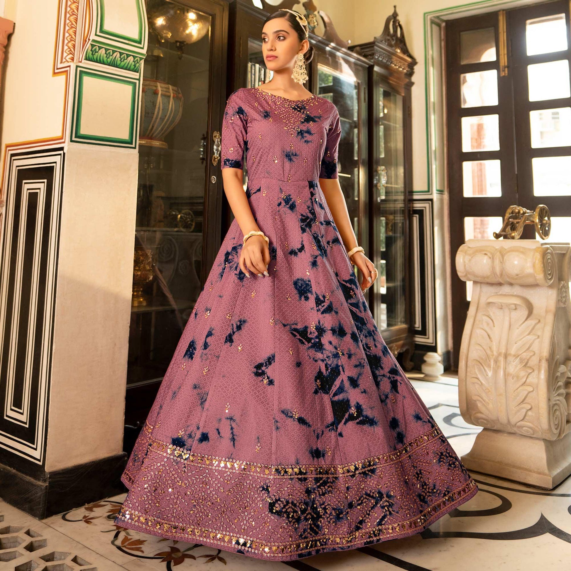 Dusty Pink Digital Printed With Sequins Embroidered Cotton Blend Gown