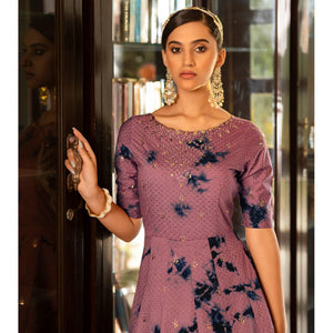 Dusty Pink Digital Printed With Sequins Embroidered Cotton Blend Gown