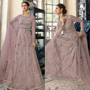 Dusty Pink Embroidered Netted Anarkali Style Gown