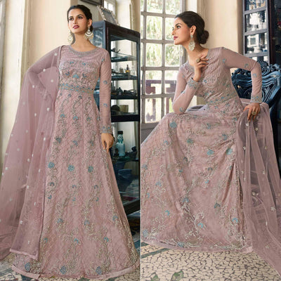 Dusty Pink Embroidered Netted Anarkali Style Gown