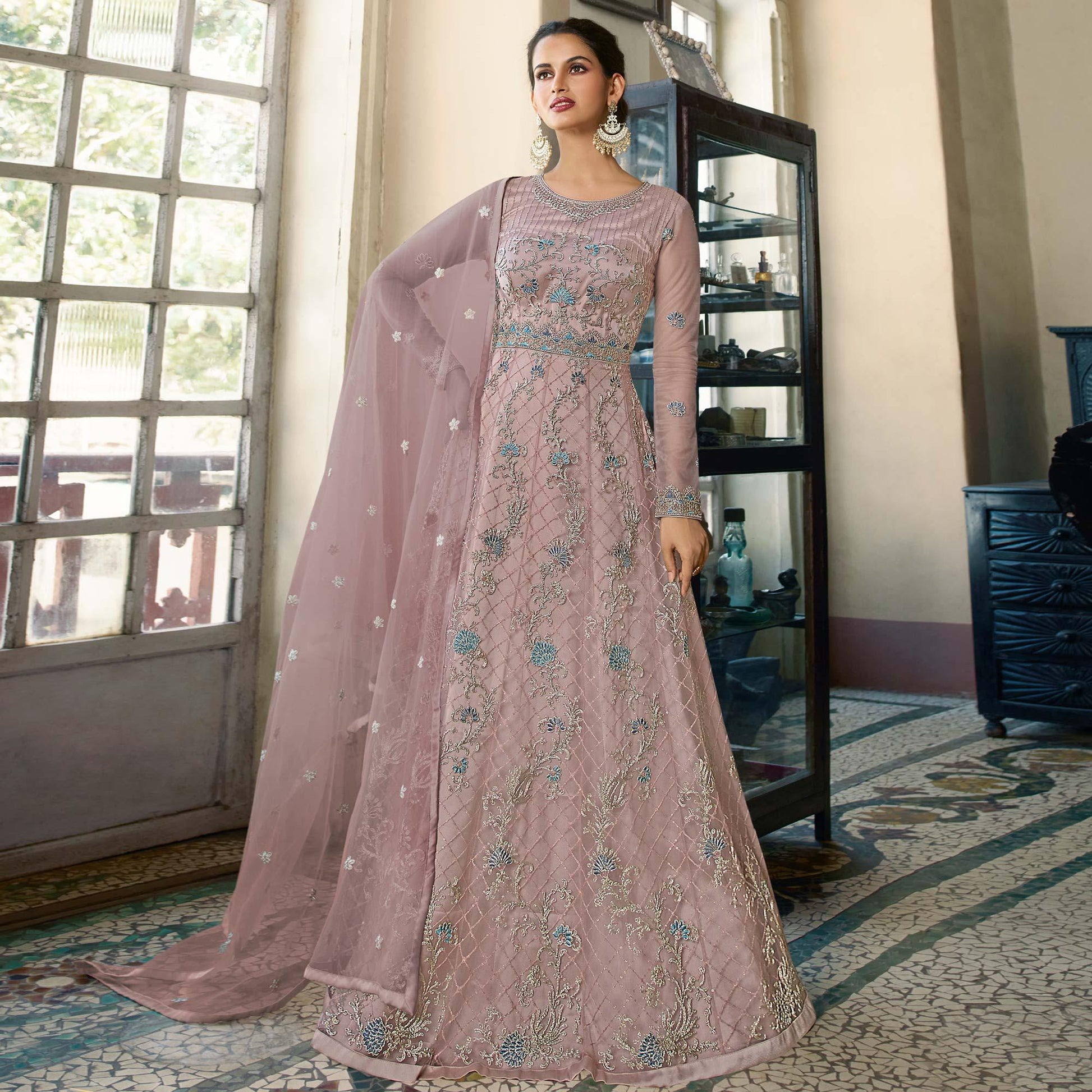 Dusty Pink Embroidered Netted Anarkali Style Gown