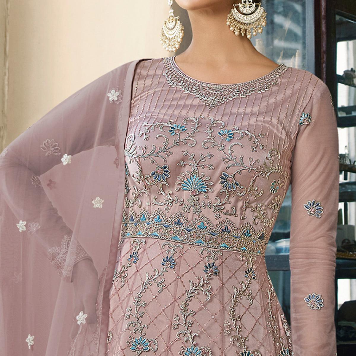 Dusty Pink Embroidered Netted Anarkali Style Gown
