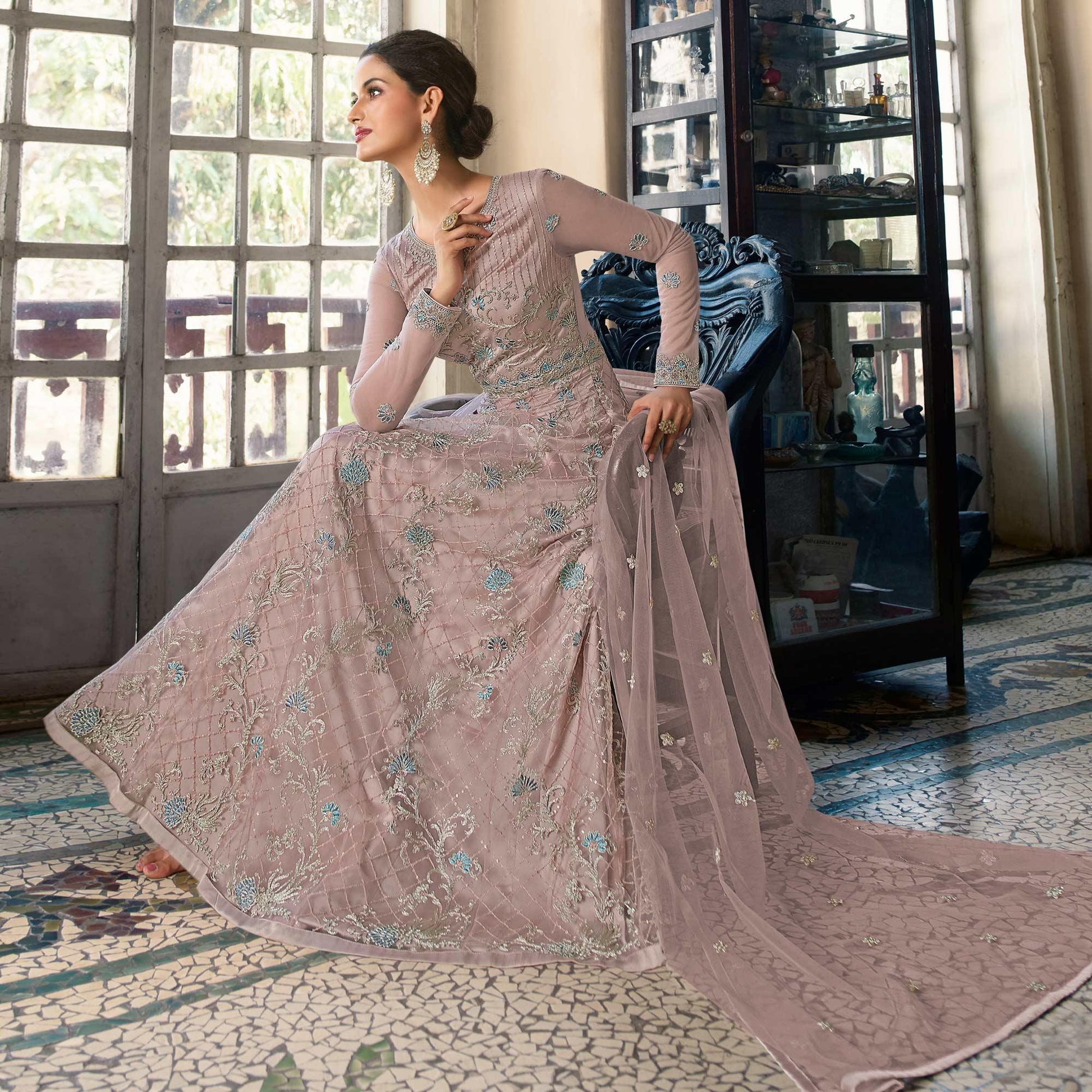 Dusty Pink Embroidered Netted Anarkali Style Gown