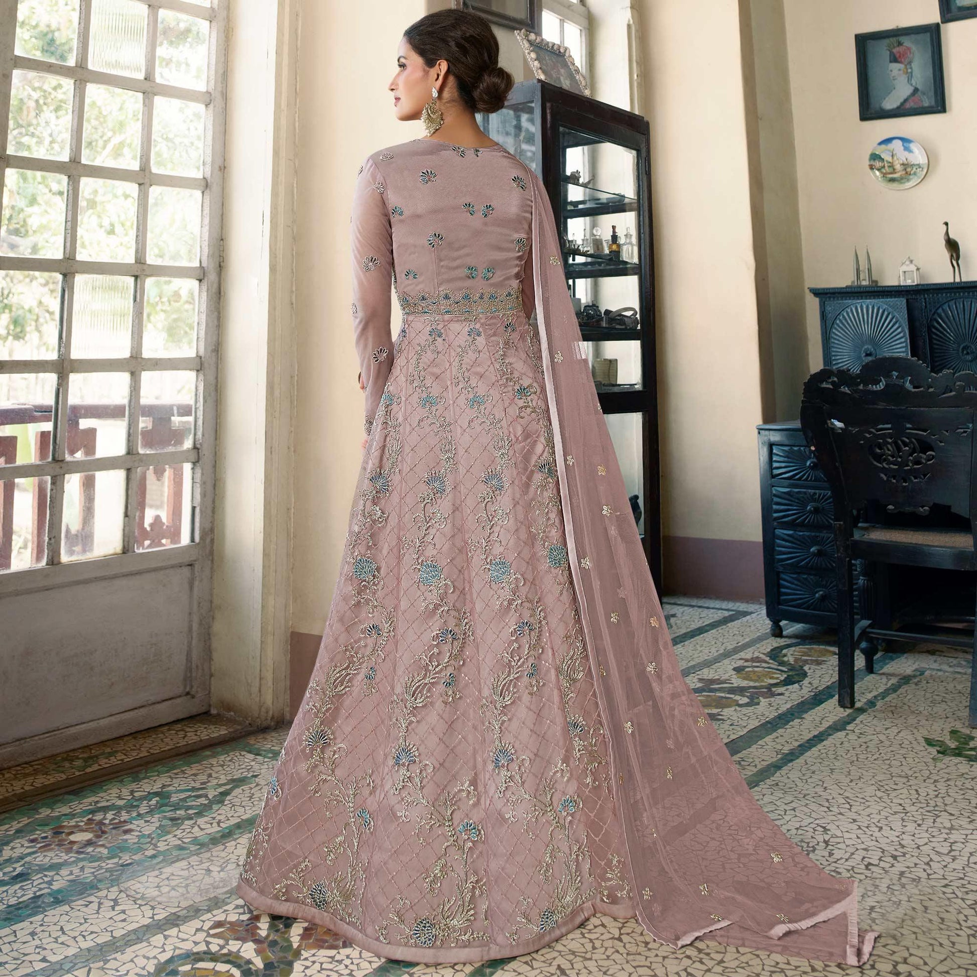 Dusty Pink Embroidered Netted Anarkali Style Gown