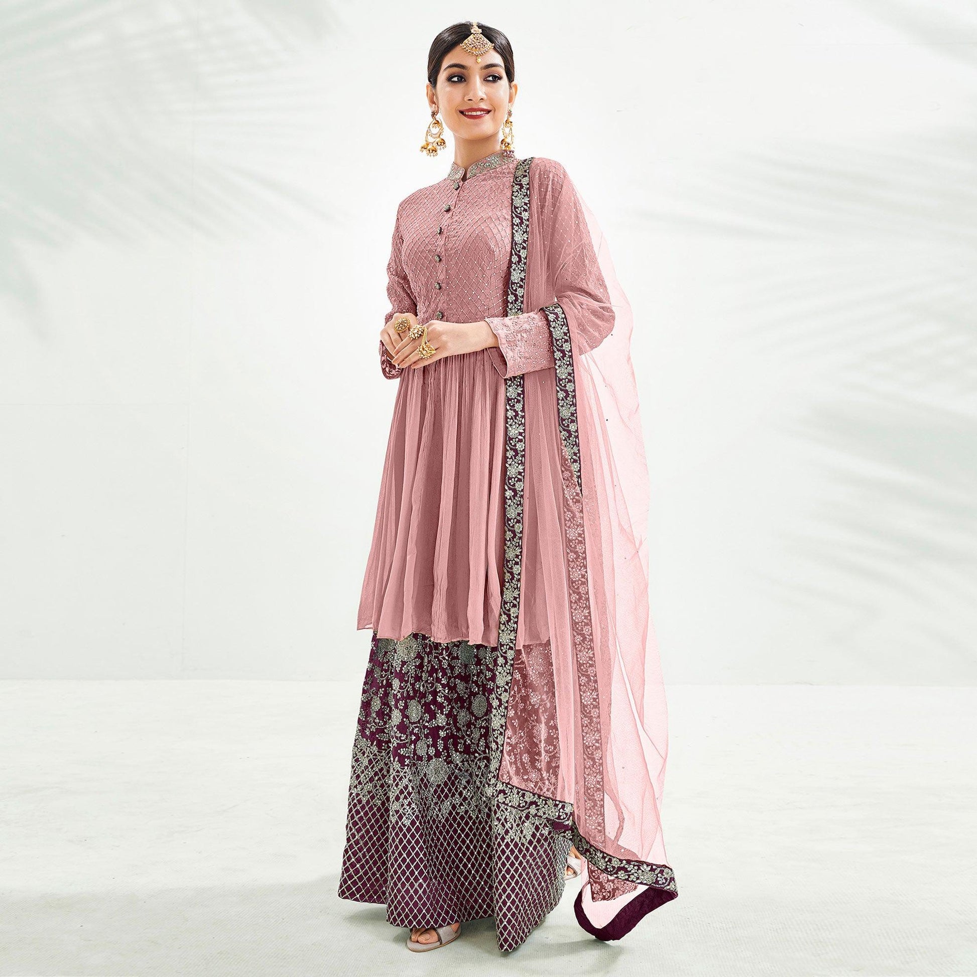 Dusty Pink Floral Embroidered Chiffon Palazzo Suit